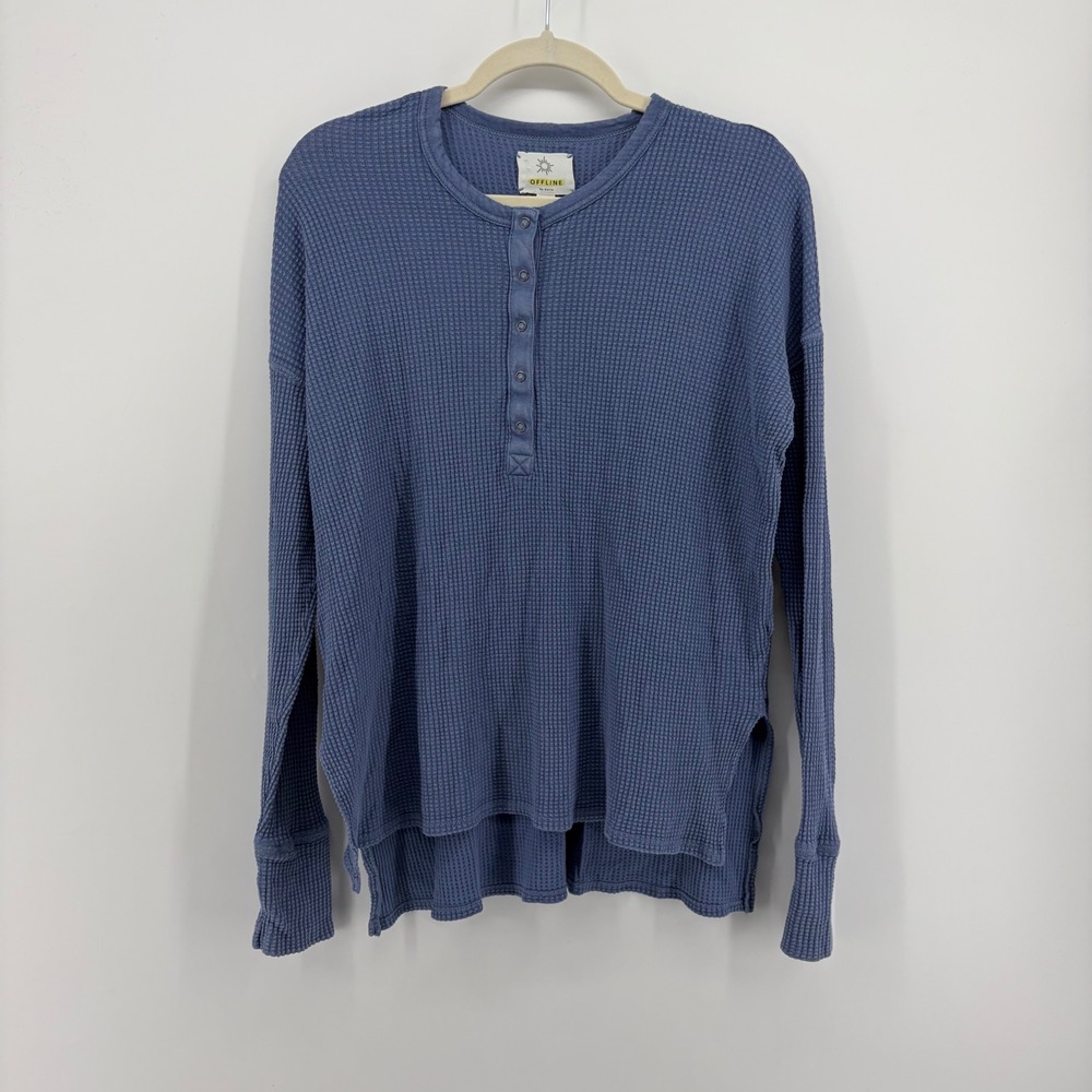 OFFLINE by Aerie Womens XS Blue Henley Waffle Knit Thumbhole High-Low Top